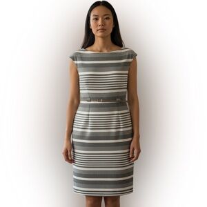Calvin Klein Fitted Sheath Striped Grey White Dress Size 10 with Belt